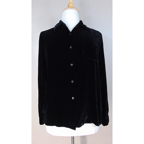 Vintage Y2k Black Velour Button Up Top Womens Size XL Long Sleeve whimsygoth 90s - Picture 1 of 7